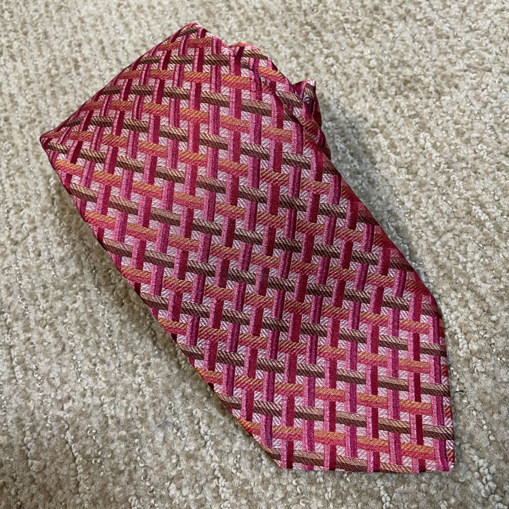 Ike‎ Behar Silk Necktie Mens Burgundy Tan Geometric Basketweave Professional